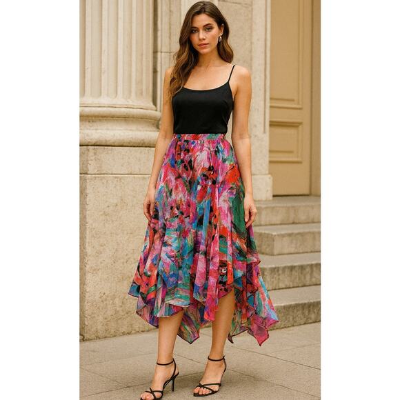 Bob Mackie Wearable Art Flowy Lined Midi Skirt S Colorful Elastic Dopamine Artsy - Picture 1 of 10